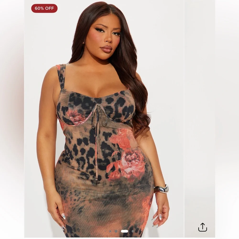 Fashion Nova Curve Plus Size Leopard Mesh Midi Dress - Picture 2 of 4